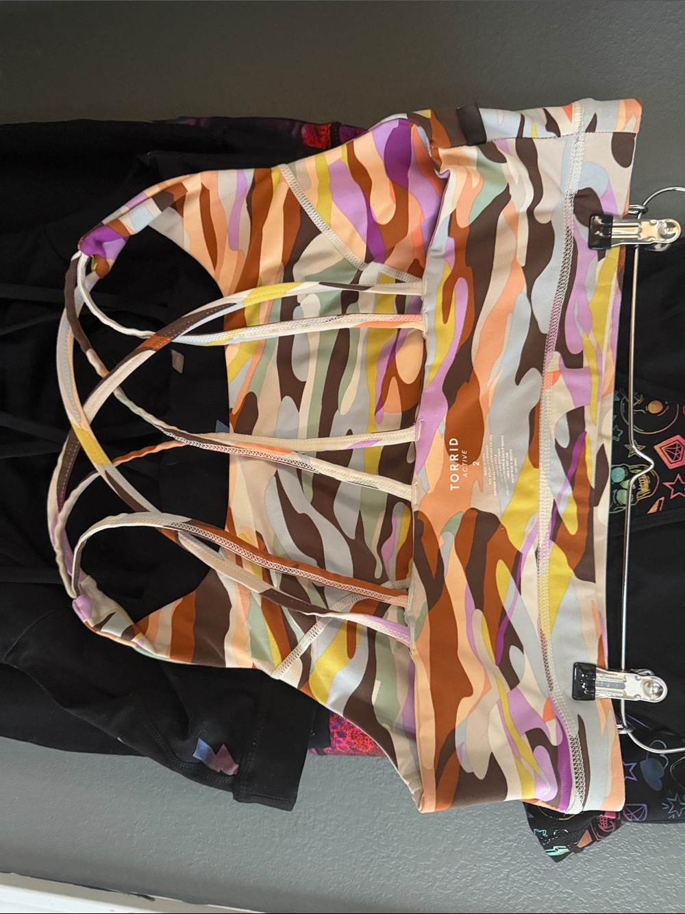 torrid Multicolor Camo Strappy Sports Bra — Brown, Purple, Yellow, Green